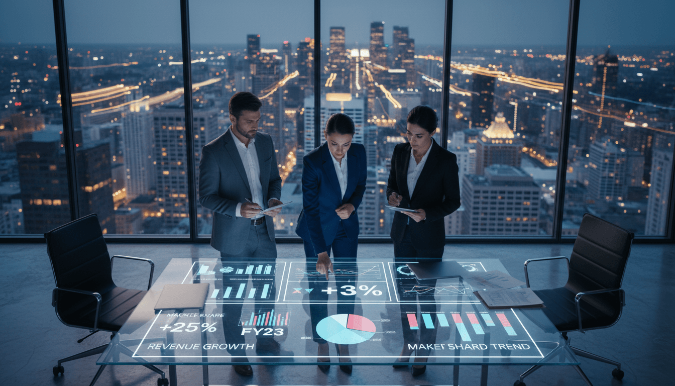 Executives reviewing cross-border growth charts in a modern office
