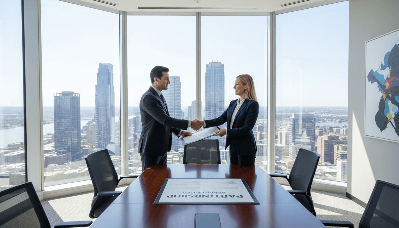 Two professionals shaking hands over a partnership agreement in a bright glass-walled office