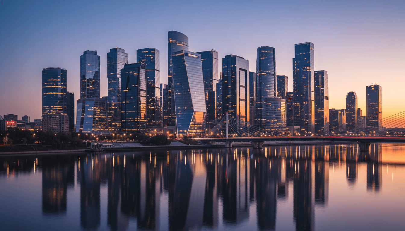 Modern financial district skyline at dusk with reflective glass towers