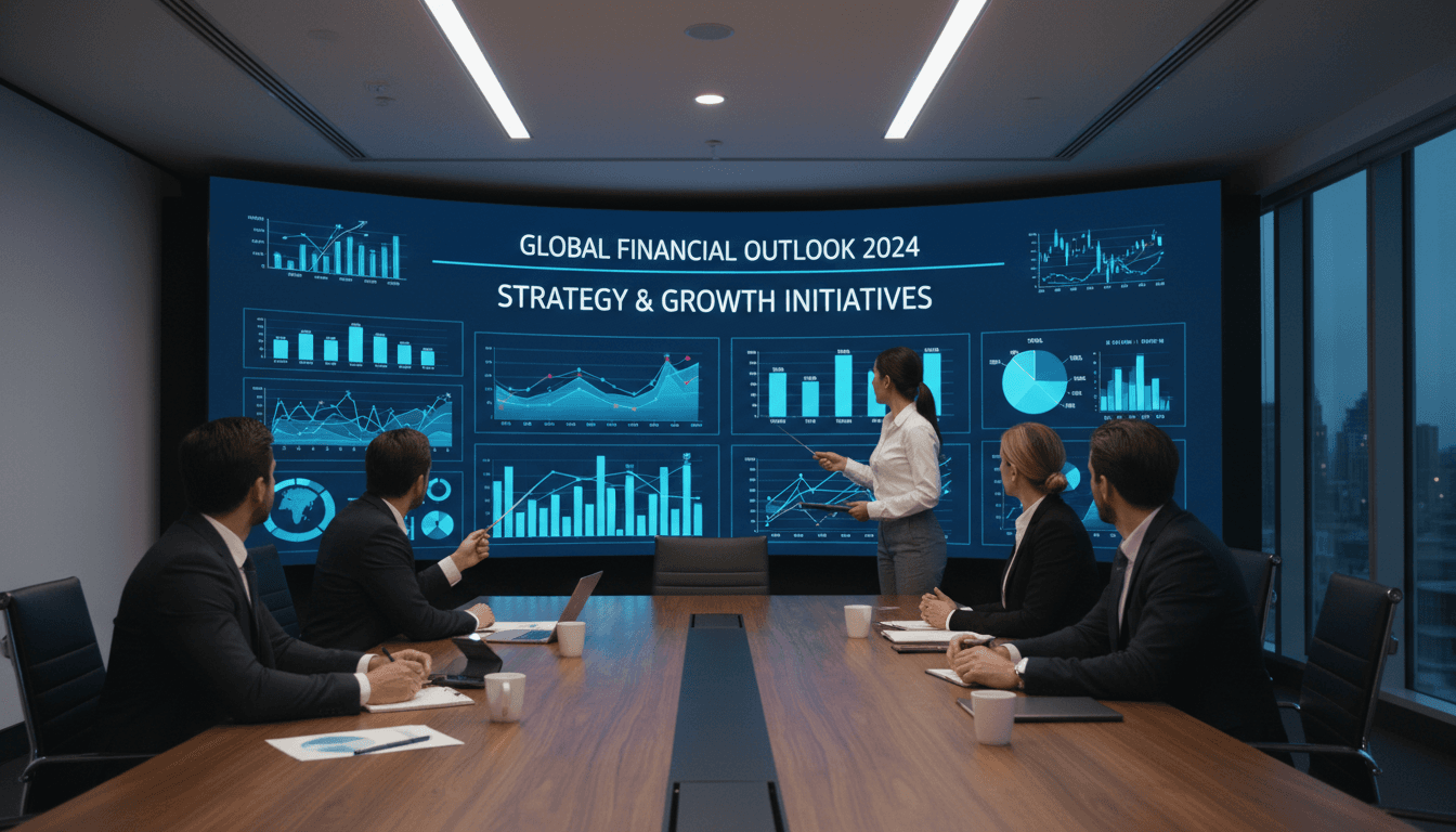 Business professionals reviewing financial charts in a modern strategy meeting room