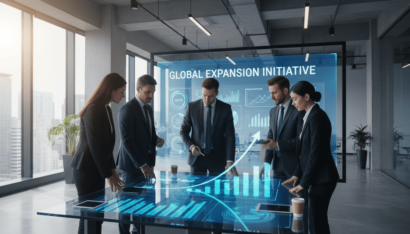 Business executives in a strategic meeting reviewing growth charts in a modern office
