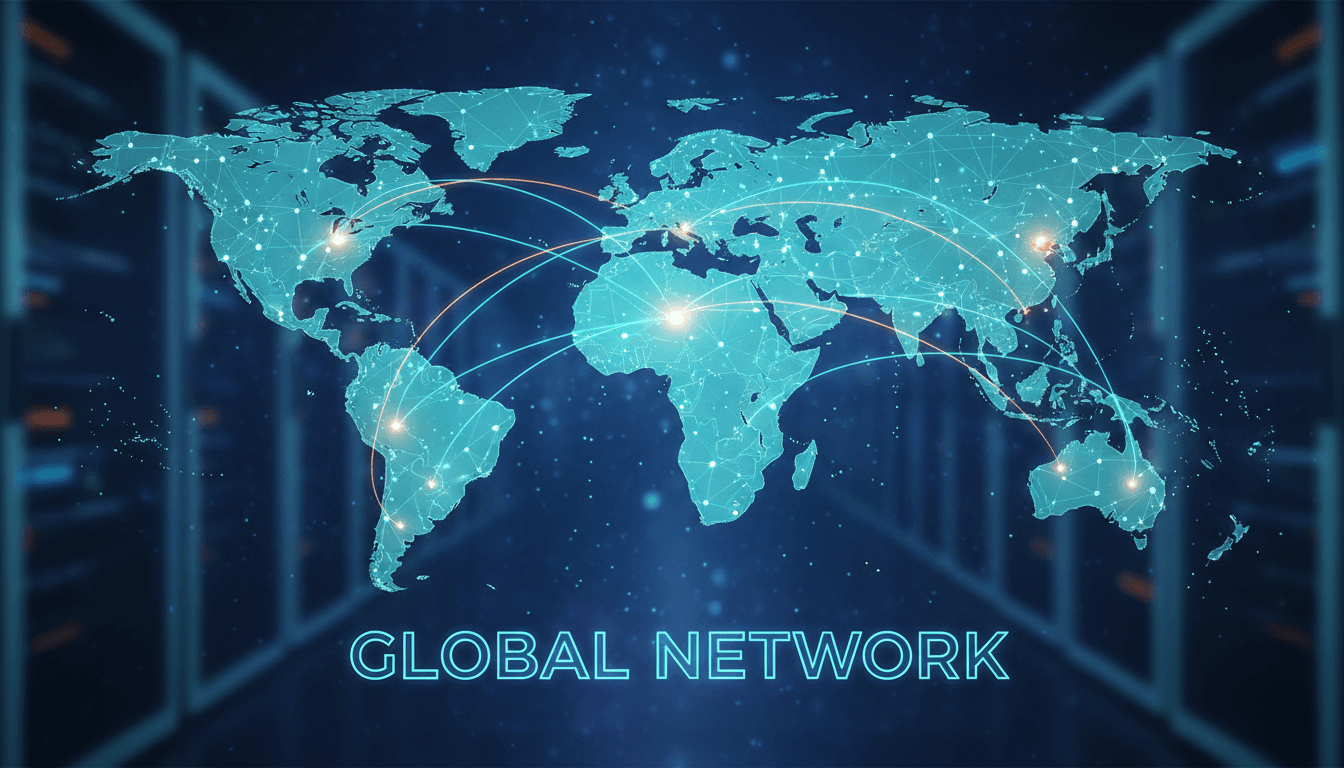 Digital world map with glowing connected data points representing a global network