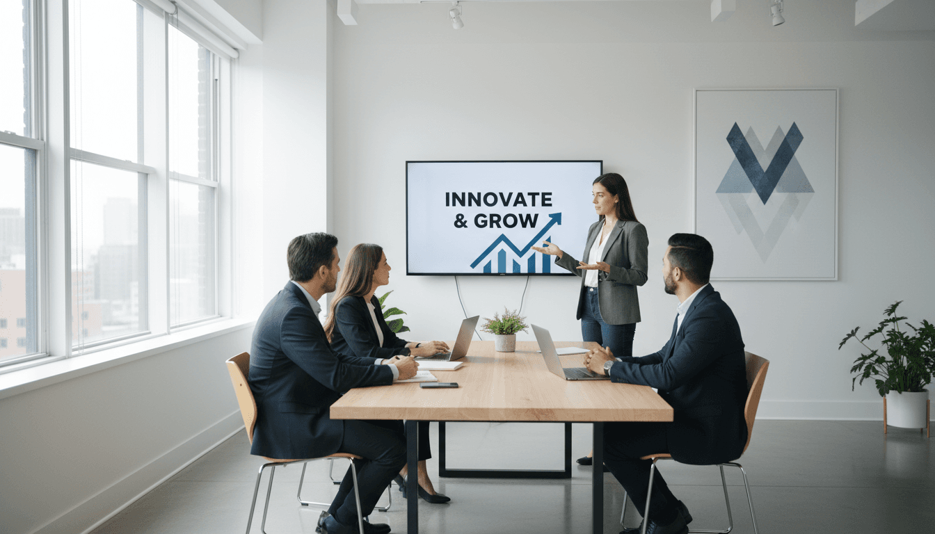 Entrepreneur pitching to a small group of investors in a minimal startup office