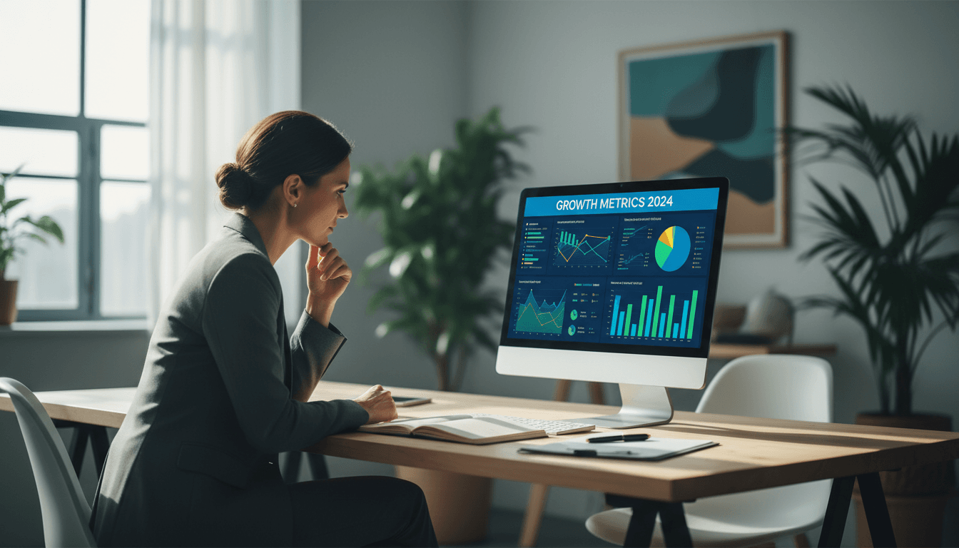 Business professionals reviewing charts and growth metrics in a bright modern office