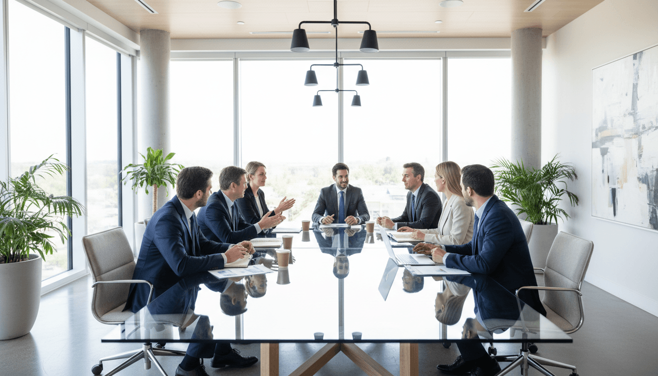 modern glass meeting room overlooking city skyline with business documents on table