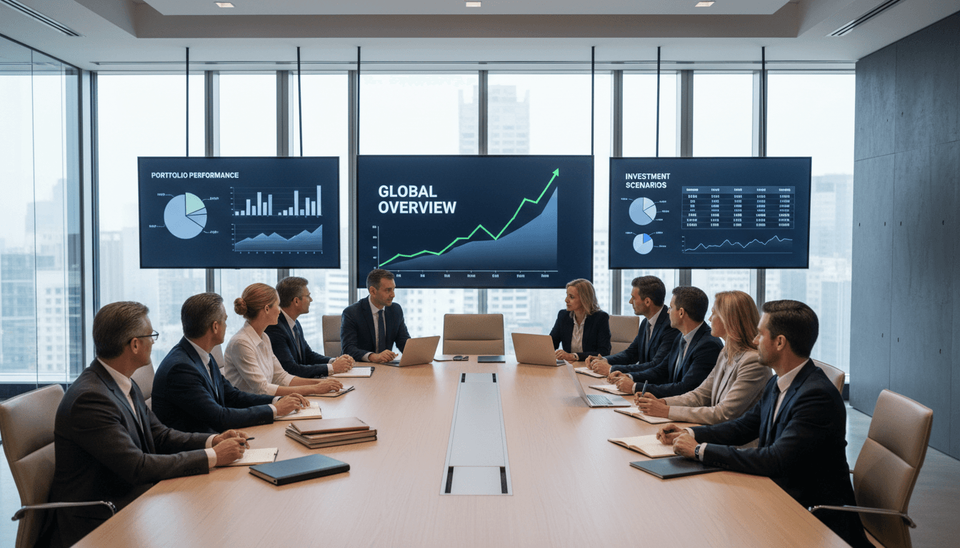 Investors reviewing growth plans over financial documents at a conference table