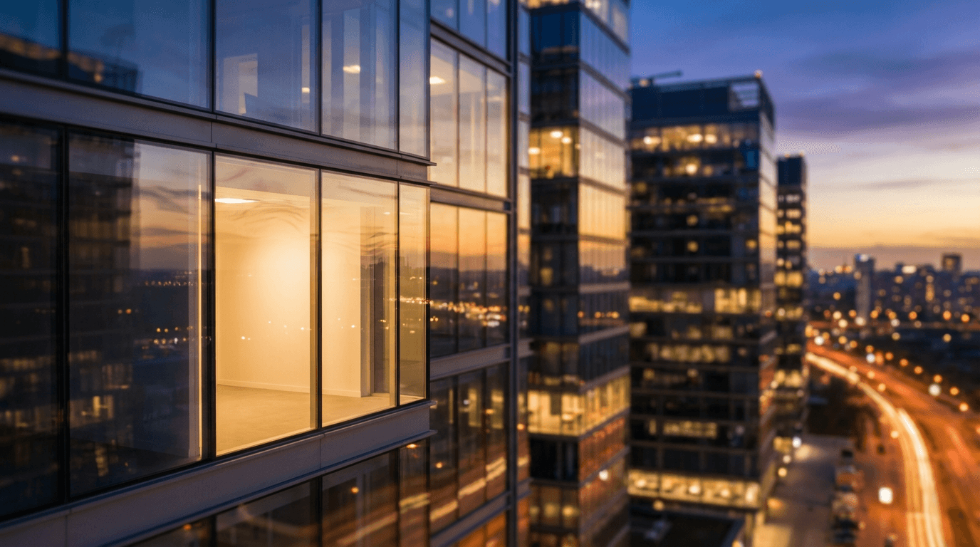 Modern US city skyline with glass skyscrapers at dusk